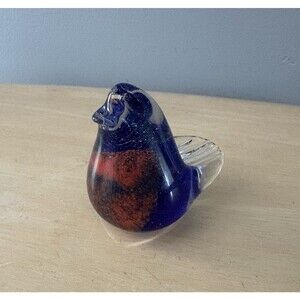 Hand Blown Art Glass Blue Bird Figurine Orange Belly Paperweight Robin 2"